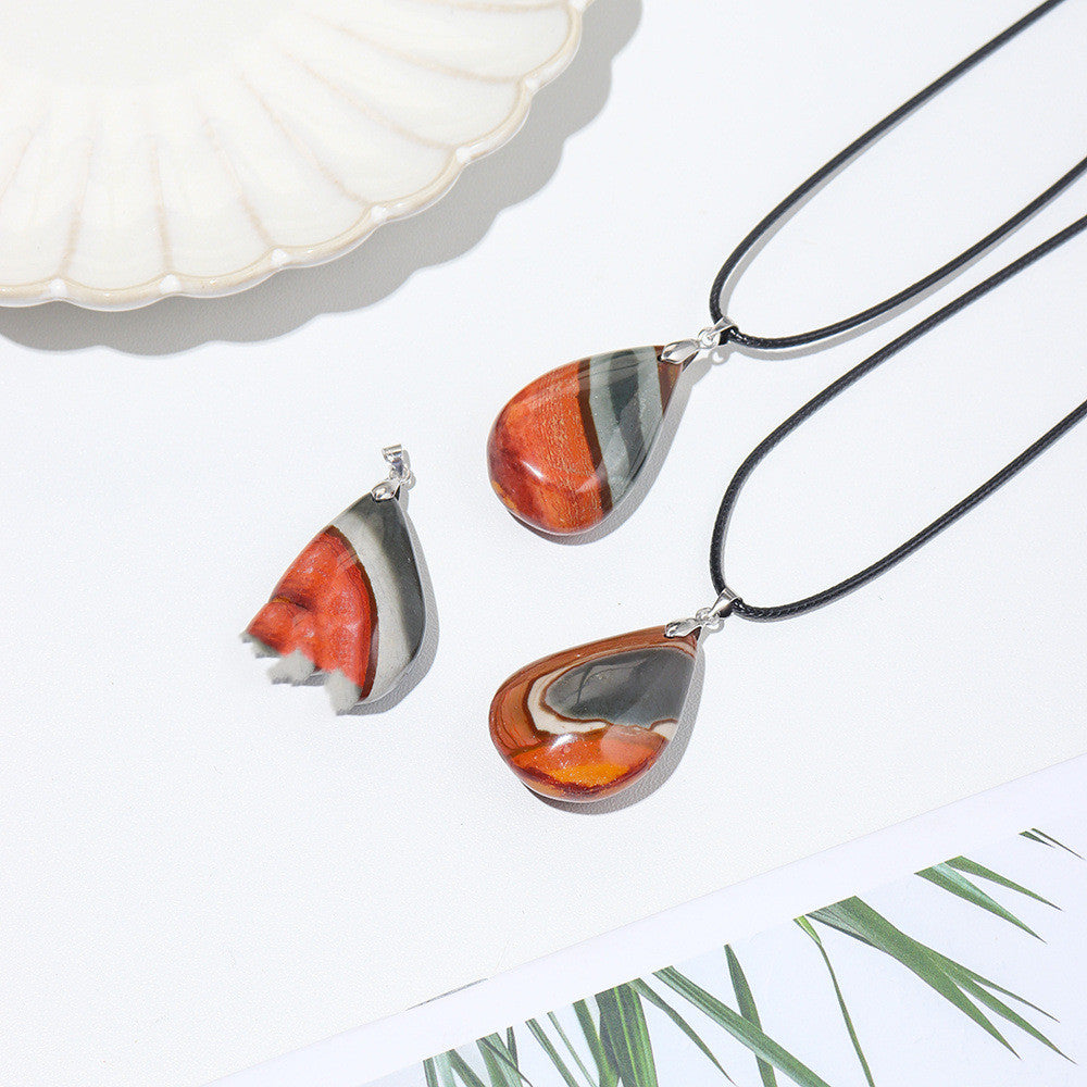 Natural Crystal Ore Sample Marine Agate Pendant Leather Rope Necklace